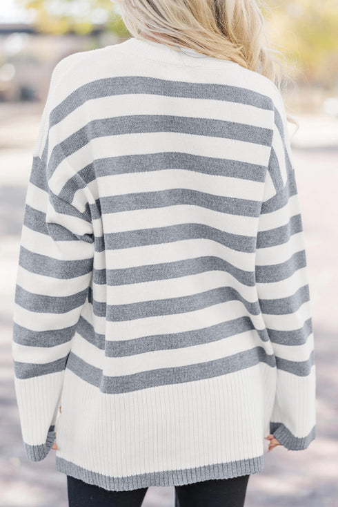 Striped Crewneck Drop Shoulder Side Button Rib Hem Tunic Sweater