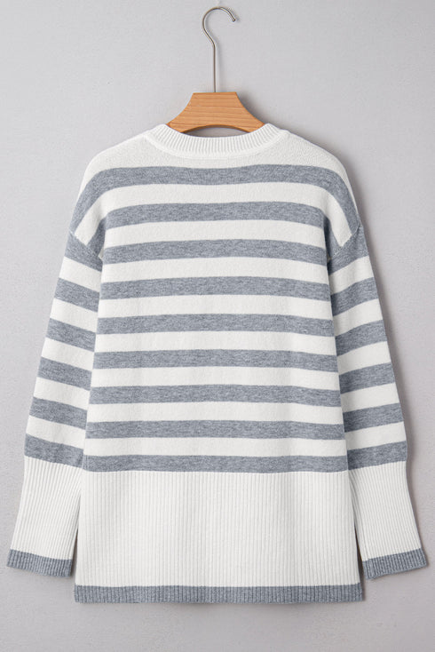 Striped Crewneck Drop Shoulder Side Button Rib Hem Tunic Sweater