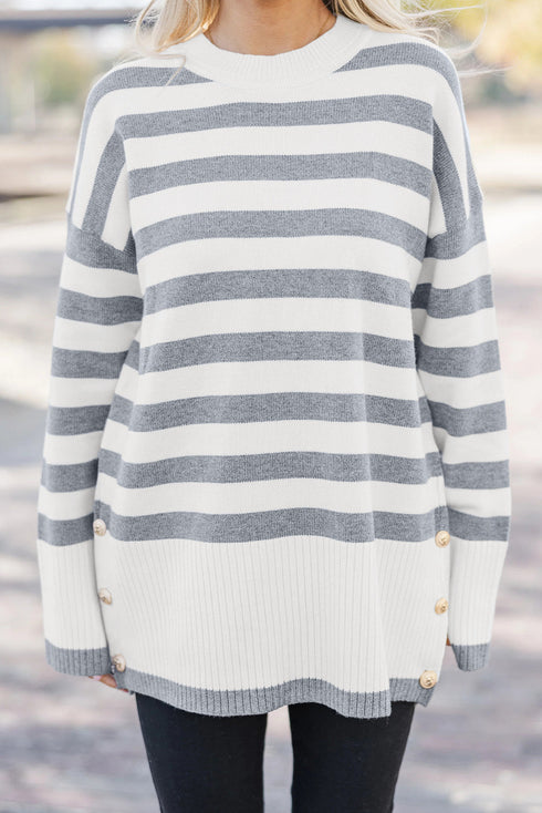 Striped Crewneck Drop Shoulder Side Button Rib Hem Tunic Sweater