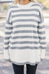 Striped Crewneck Drop Shoulder Side Button Rib Hem Tunic Sweater