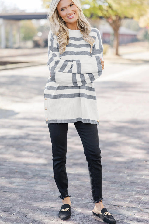 Striped Crewneck Drop Shoulder Side Button Rib Hem Tunic Sweater