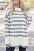 Striped Crewneck Drop Shoulder Side Button Rib Hem Tunic Sweater
