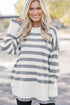 Striped Crewneck Drop Shoulder Side Button Rib Hem Tunic Sweater
