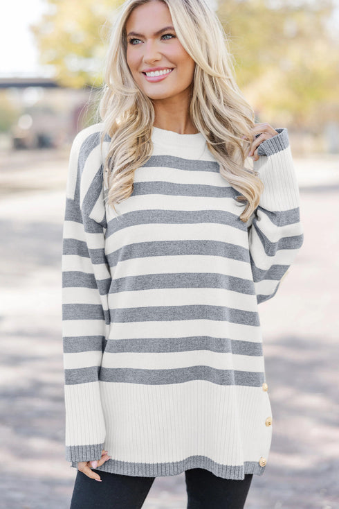 Striped Crewneck Drop Shoulder Side Button Rib Hem Tunic Sweater