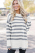 Striped Crewneck Drop Shoulder Side Button Rib Hem Tunic Sweater