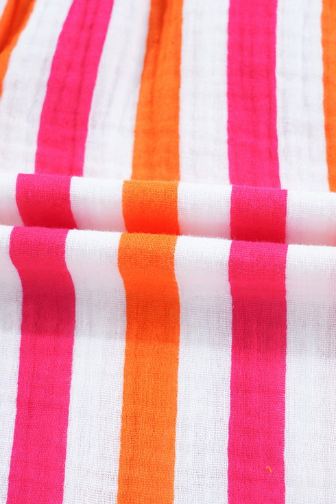 Striped Crinkle Gauze V Neck Button Front Blouse