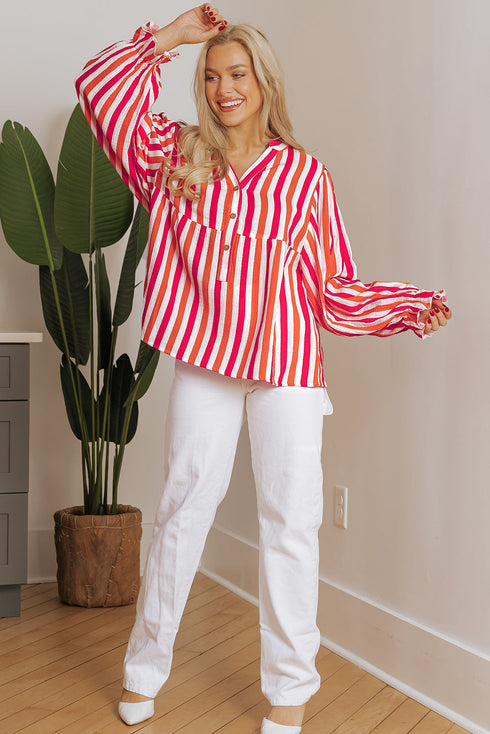 Striped Crinkle Gauze V Neck Button Front Blouse
