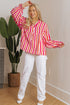 Striped Crinkle Gauze V Neck Button Front Blouse