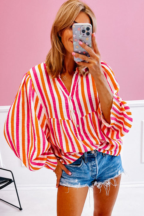 Striped Crinkle Gauze V Neck Button Front Blouse