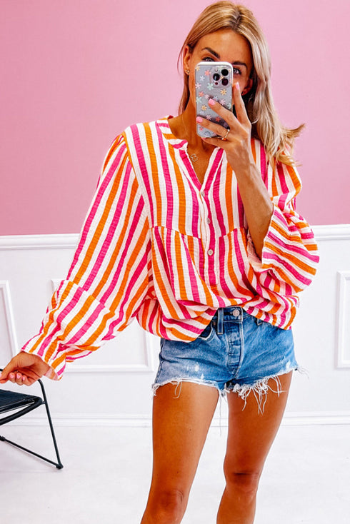 Striped Crinkle Gauze V Neck Button Front Blouse