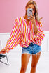Striped Crinkle Gauze V Neck Button Front Blouse
