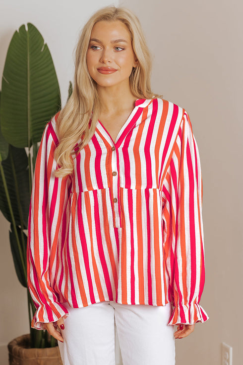 Striped Crinkle Gauze V Neck Button Front Blouse