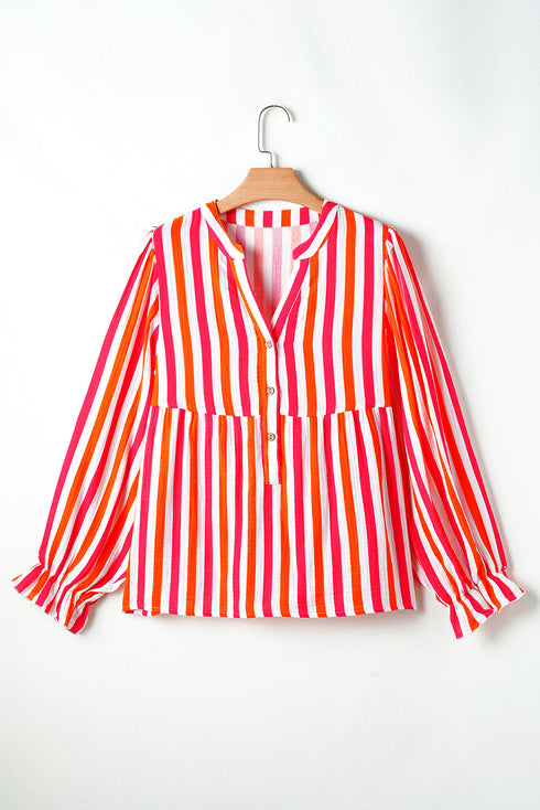 Striped Crinkle Gauze V Neck Button Front Blouse