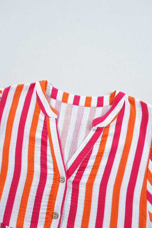 Striped Crinkle Gauze V Neck Button Front Blouse