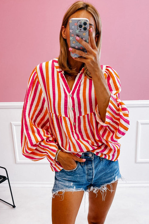 Striped Crinkle Gauze V Neck Button Front Blouse
