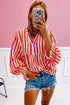 Striped Crinkle Gauze V Neck Button Front Blouse