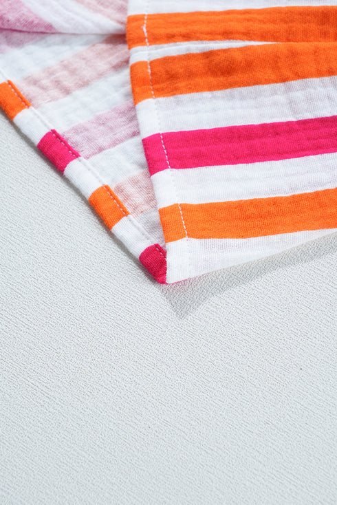 Striped Crinkle Gauze V Neck Button Front Blouse