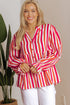 Striped Crinkle Gauze V Neck Button Front Blouse