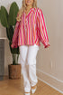 Striped Crinkle Gauze V Neck Button Front Blouse