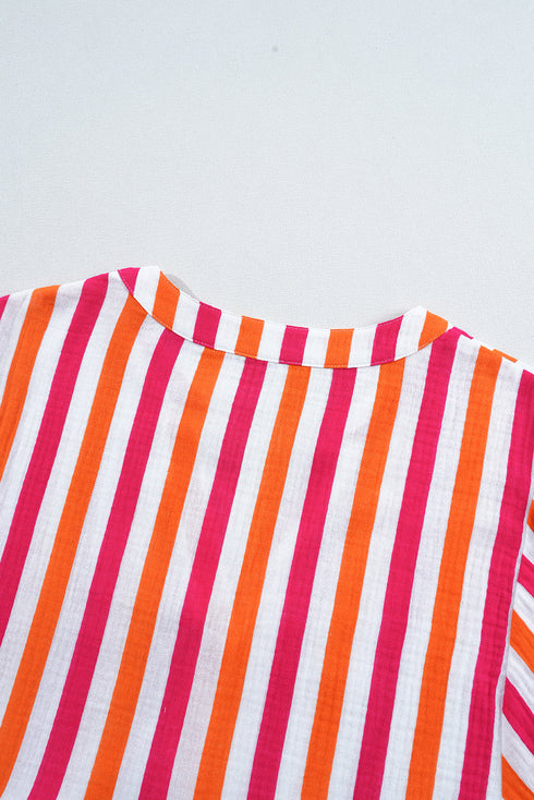Striped Crinkle Gauze V Neck Button Front Blouse