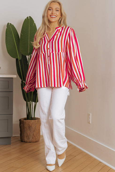 Striped Crinkle Gauze V Neck Button Front Blouse