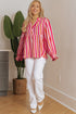 Striped Crinkle Gauze V Neck Button Front Blouse