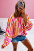 Striped Crinkle Gauze V Neck Button Front Blouse