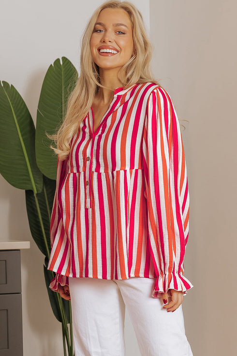 Striped Crinkle Gauze V Neck Button Front Blouse