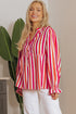 Striped Crinkle Gauze V Neck Button Front Blouse