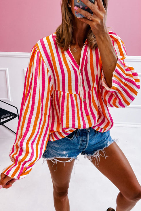 Striped Crinkle Gauze V Neck Button Front Blouse