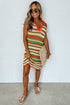 Striped Crochet Knit Collared Sleeveless Shift Dress