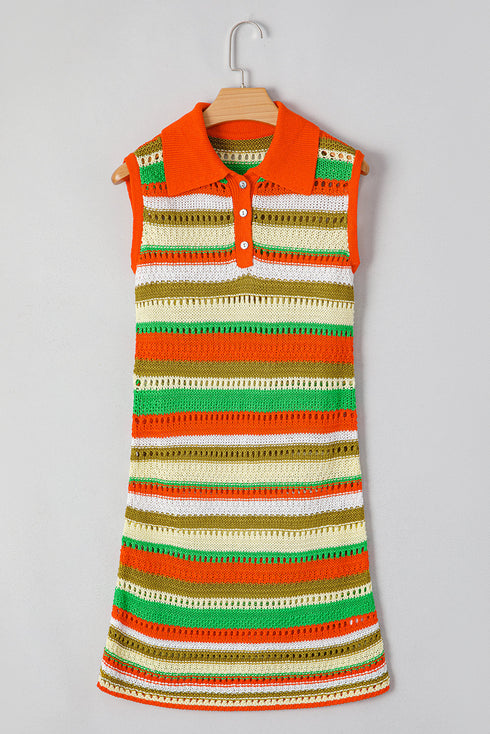 Striped Crochet Knit Collared Sleeveless Shift Dress