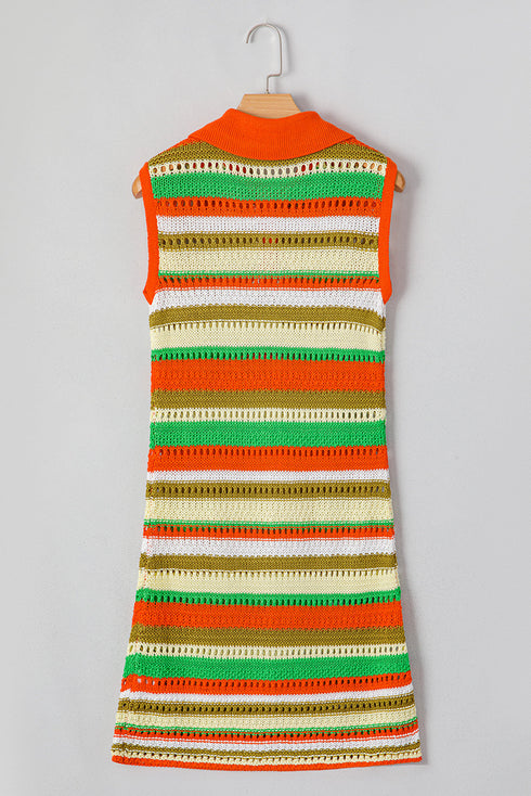 Striped Crochet Knit Collared Sleeveless Shift Dress