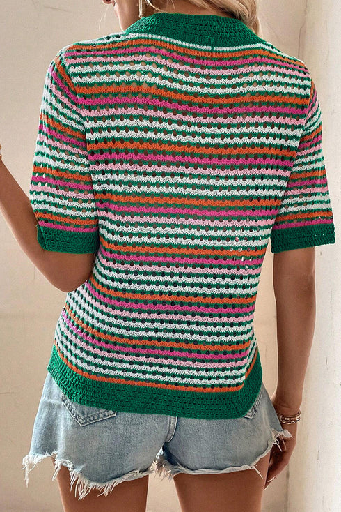 Striped Crochet Knit Mock Neck Short Sleeve Sweater