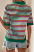 Striped Crochet Knit Mock Neck Short Sleeve Sweater