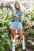 Striped Crochet Knit Mock Neck Short Sleeve Sweater
