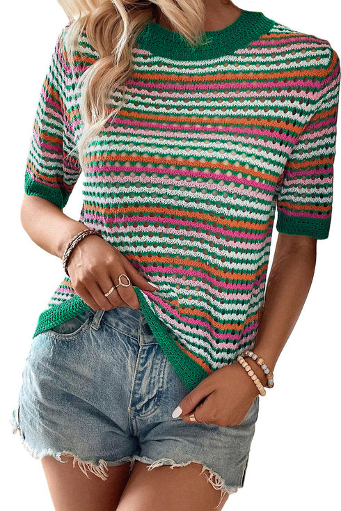 Striped Crochet Knit Mock Neck Short Sleeve Sweater