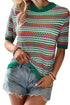Striped Crochet Knit Mock Neck Short Sleeve Sweater