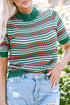 Striped Crochet Knit Mock Neck Short Sleeve Sweater