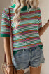 Striped Crochet Knit Mock Neck Short Sleeve Sweater