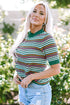 Striped Crochet Knit Mock Neck Short Sleeve Sweater