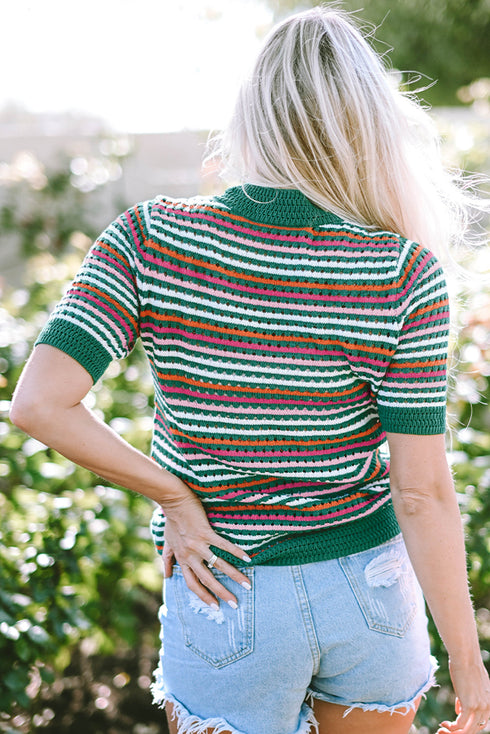 Striped Crochet Knit Mock Neck Short Sleeve Sweater