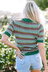 Striped Crochet Knit Mock Neck Short Sleeve Sweater