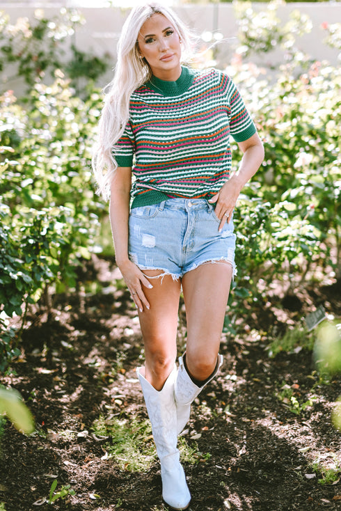 Striped Crochet Knit Mock Neck Short Sleeve Sweater