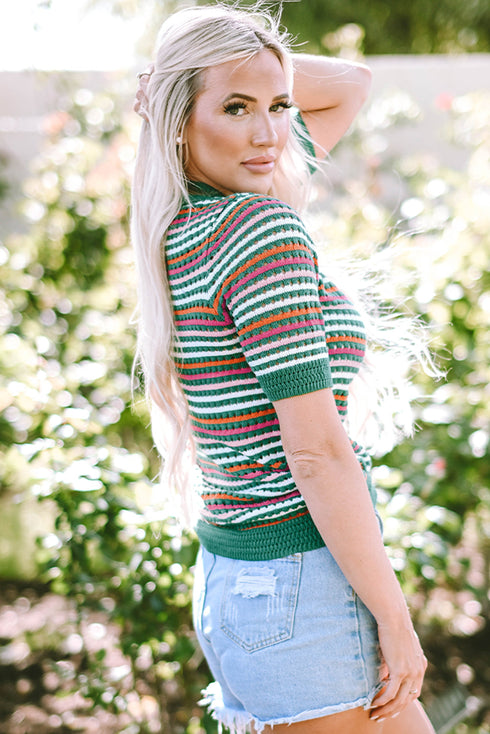 Striped Crochet Knit Mock Neck Short Sleeve Sweater