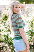 Striped Crochet Knit Mock Neck Short Sleeve Sweater