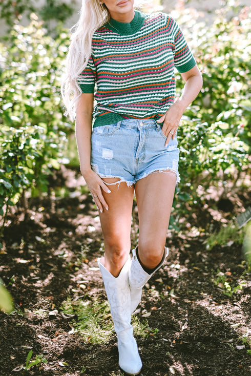 Striped Crochet Knit Mock Neck Short Sleeve Sweater