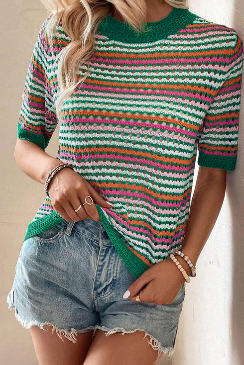 Striped Crochet Knit Mock Neck Short Sleeve Sweater
