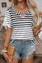 Striped Cross Strap Lace Detail Short Sleeve Blouse