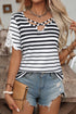Striped Cross Strap Lace Detail Short Sleeve Blouse